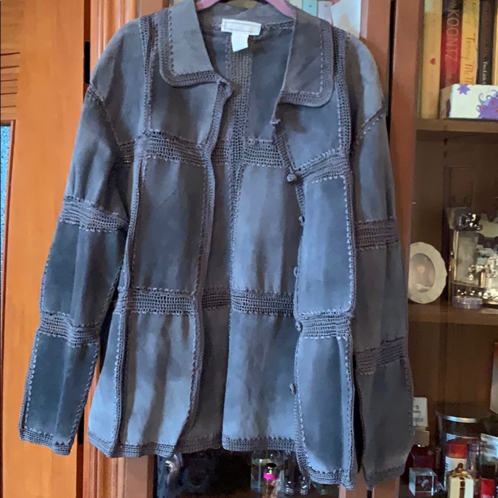 Leather Suede grey jacket with crocheted details